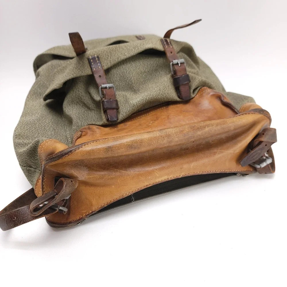 Vintage 1960 Swiss Military Salt and Pepper Canvas Leather Rucksack Backpack